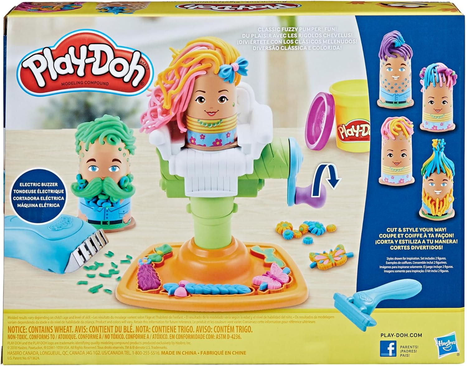 Play-Doh Buzz ’n Cut Fuzzy Pumper Barber Shop-Set, elektrischer Summer und 5 Farben, ab 3 Jahren