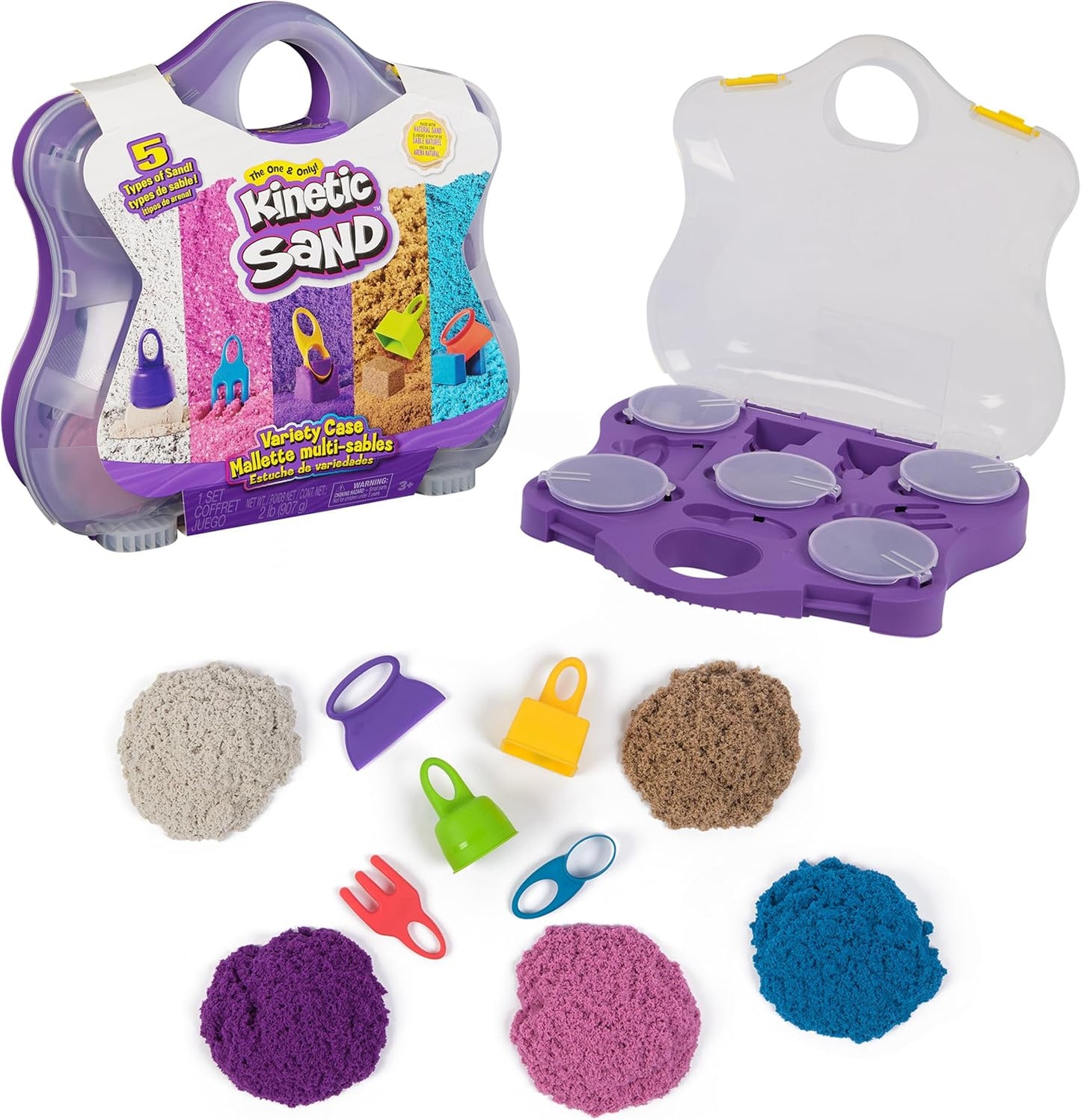 Kinetischer Sand, Sortenkoffer mit 907 g Spielsand (Strand, Neon und Schimmer) und 5 Werkzeugen, wiederverwendbare Aufbewahrung