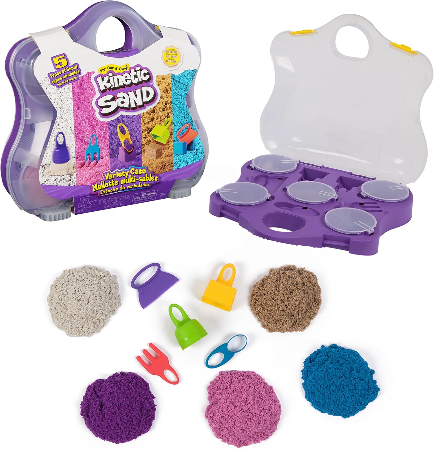 Kinetischer Sand, Sortenkoffer mit 907 g Spielsand (Strand, Neon und Schimmer) und 5 Werkzeugen, wiederverwendbare Aufbewahrung