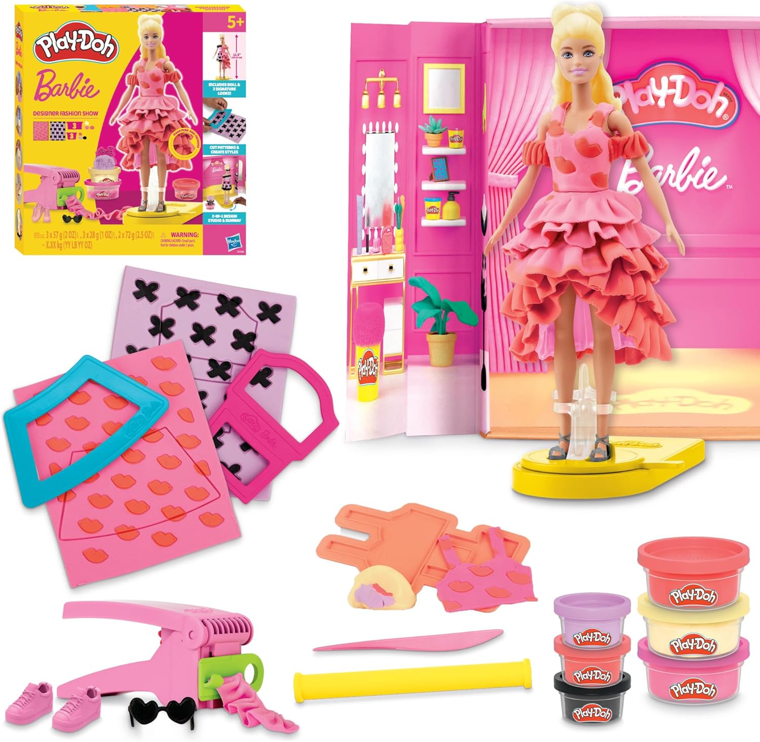 Play-Doh Barbie Designer-Modenschau-Set. Kreieren Sie Puppenkleidung mit 21 Modeaccessoires und 6 Play-Doh-Farben ab 5 Jahren