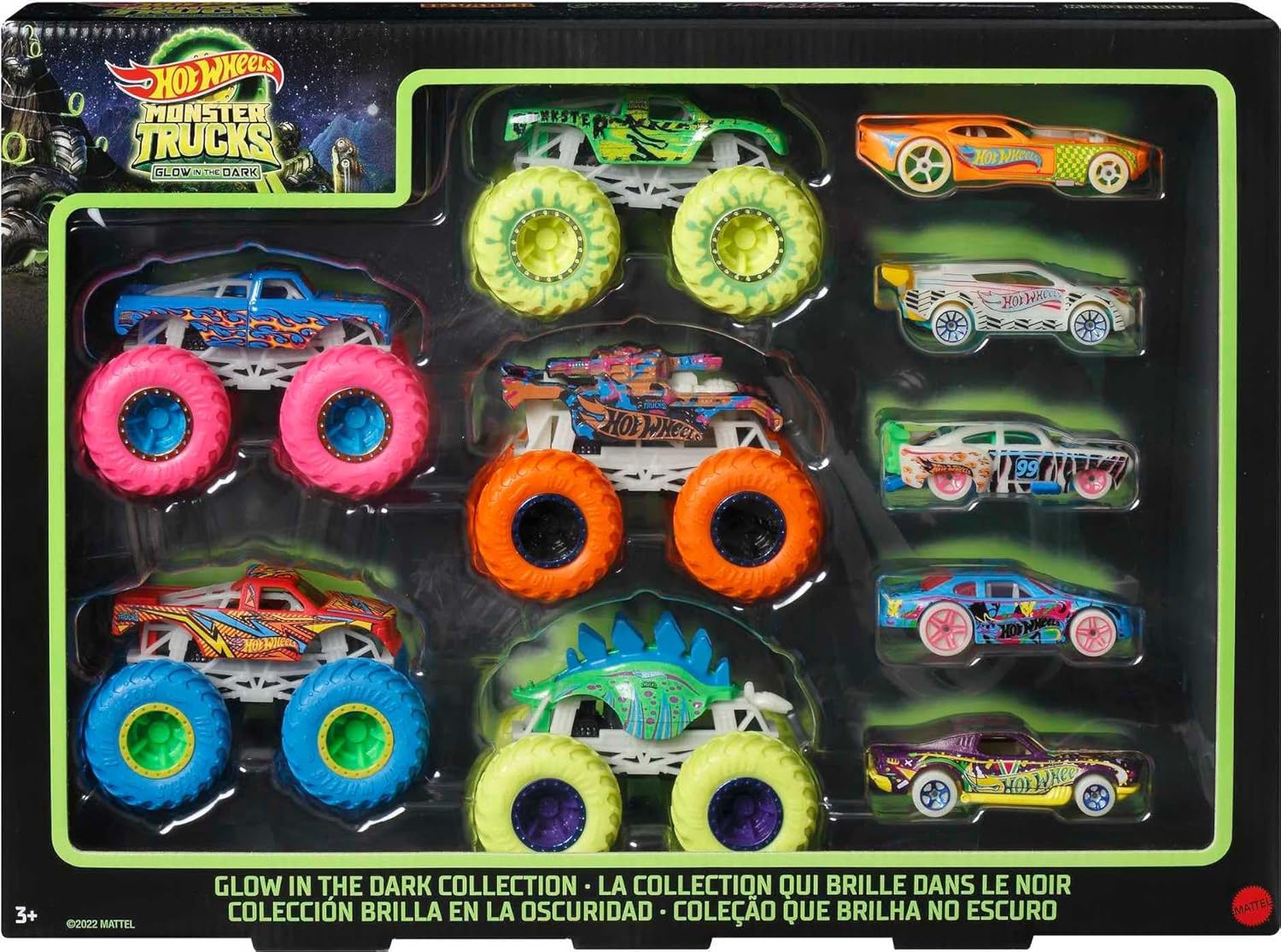 Veicoli Hot Wheels Monster Truck che si illuminano al buio, confezione da 10