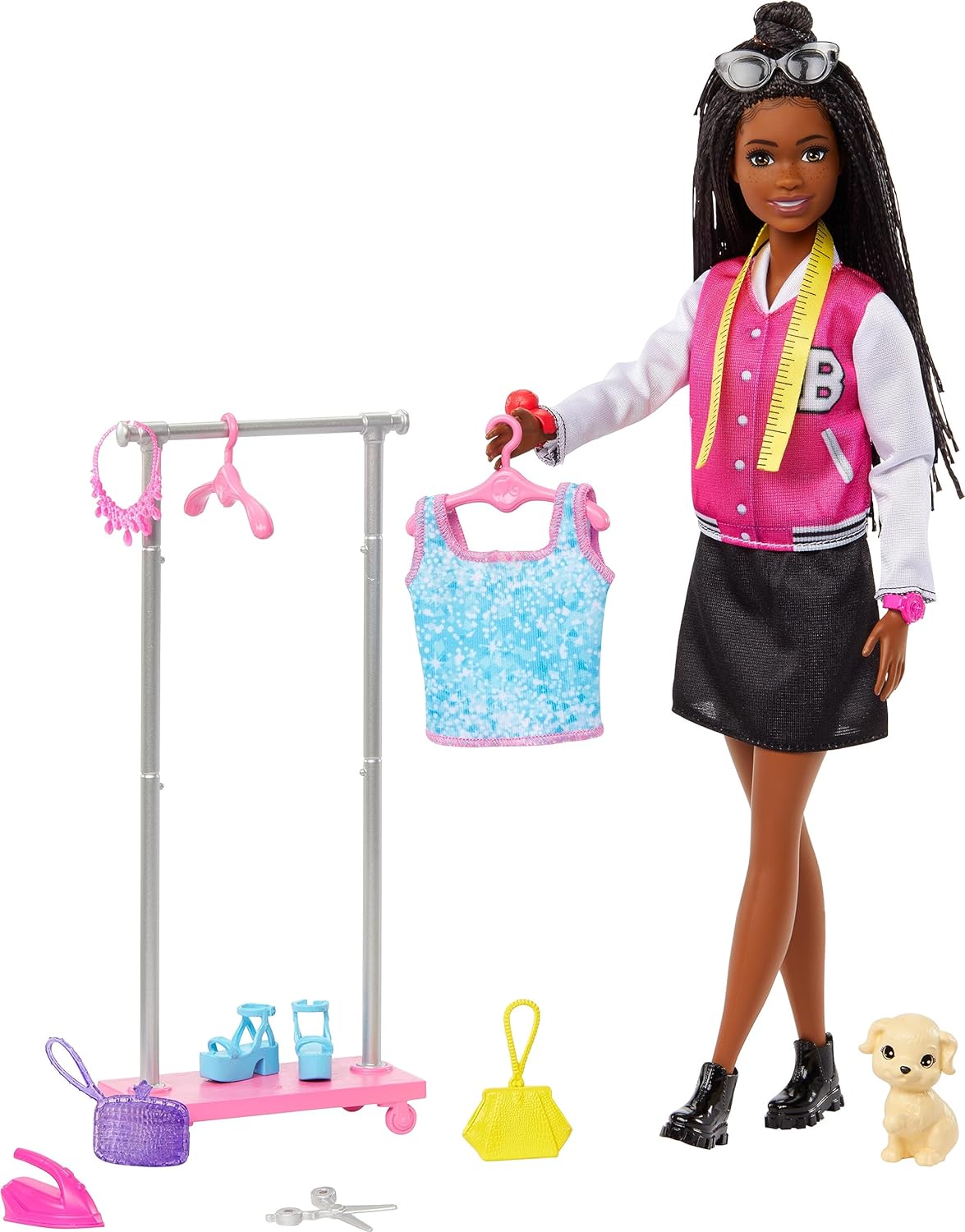 Poupée Barbie Brooklyn avec porte-vêtements, haut, pièces de mode, chiot et plus