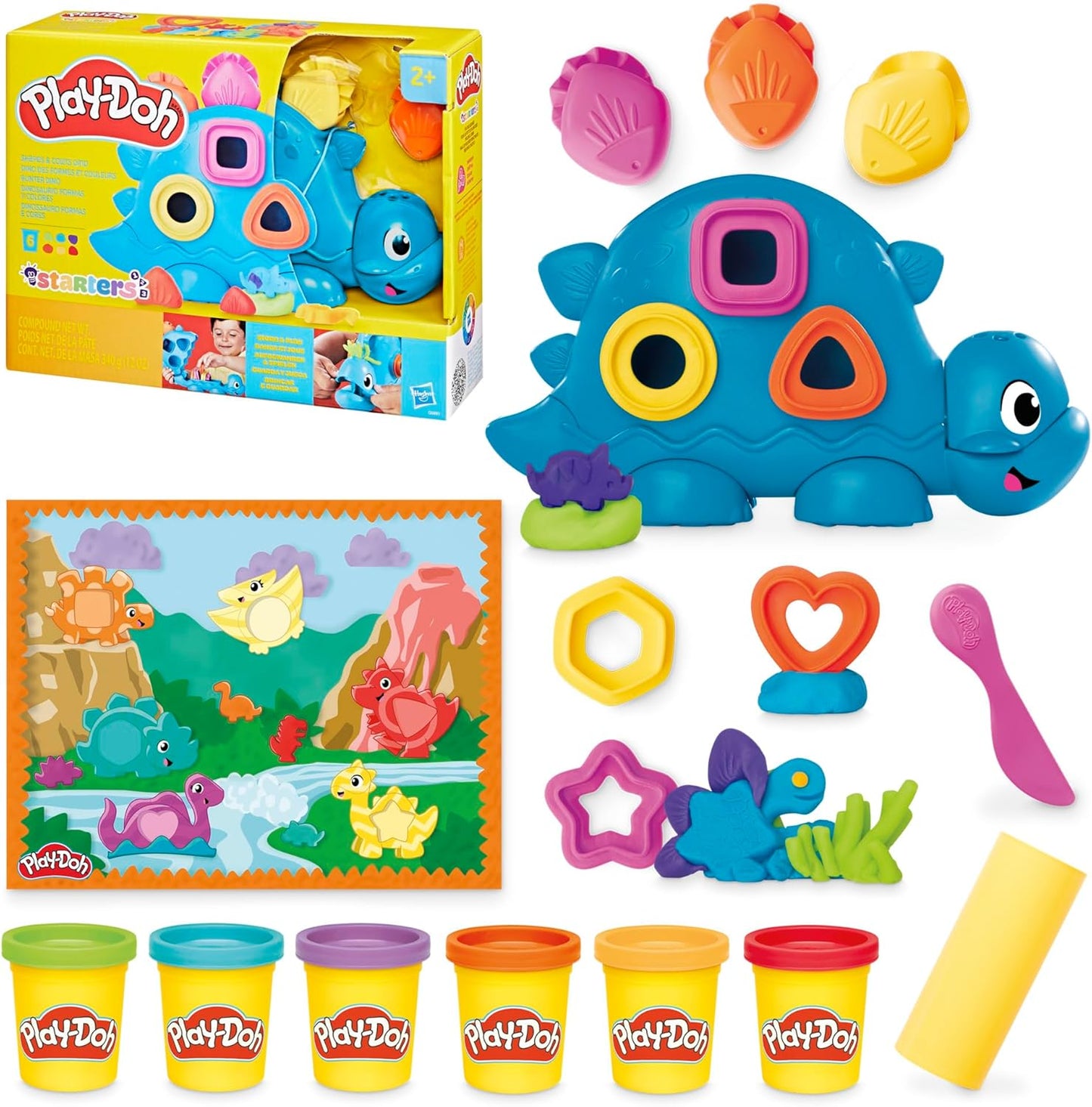 Play-Doh Formen und Farben Dino-Starter-Set, sensorisches Dinosaurier-Spielset für Kinder ab 2 Jahren, 11 Zubehörteile und 6 Farben