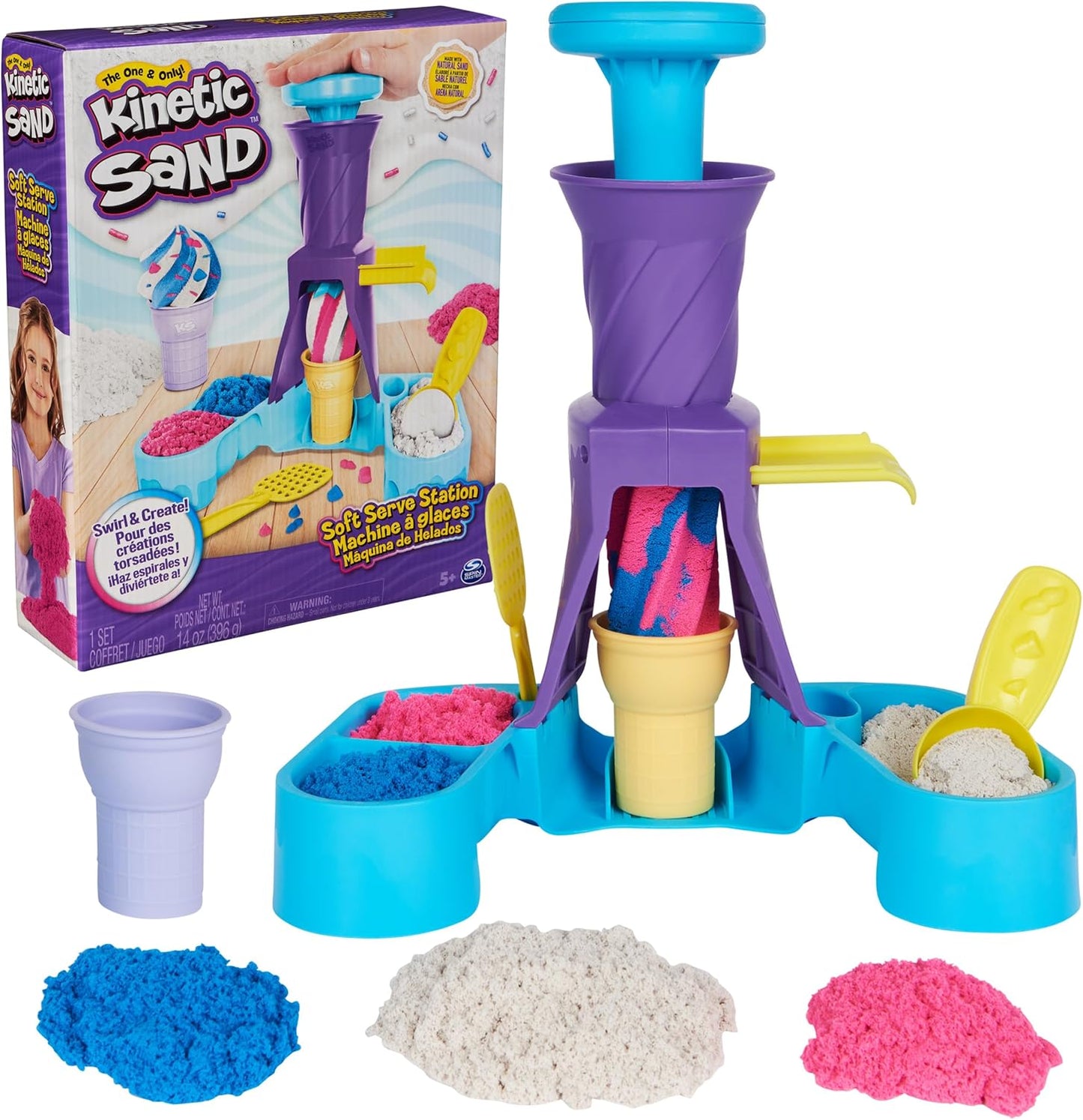 Kinetic Sand, Soft-Serve-Station mit 396 g Spielsand (blau, rosa und weiß), 2 Eistüten und 2 Werkzeugen