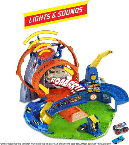 Hot Wheels Monster Trucks T-Rex Volcano Arena Coffret de jeu avec camion et voiture Race Ace