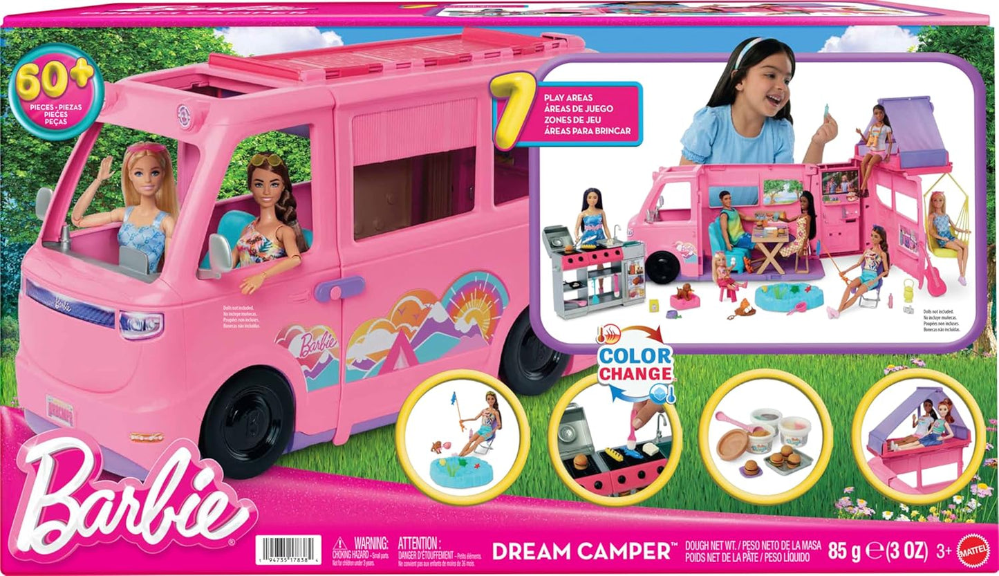 Barbie Dream Camper (Ausgabe 2025) Dachzelt, Schaukelstuhl, Angelteich und über 60 Zubehörteile ab 3 Jahren