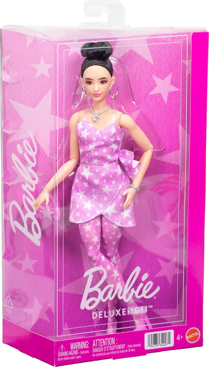 Barbie-Puppe im Deluxe-Stil in rosa Denim-Kleid mit Sternenmuster und passenden Strumpfhosen
