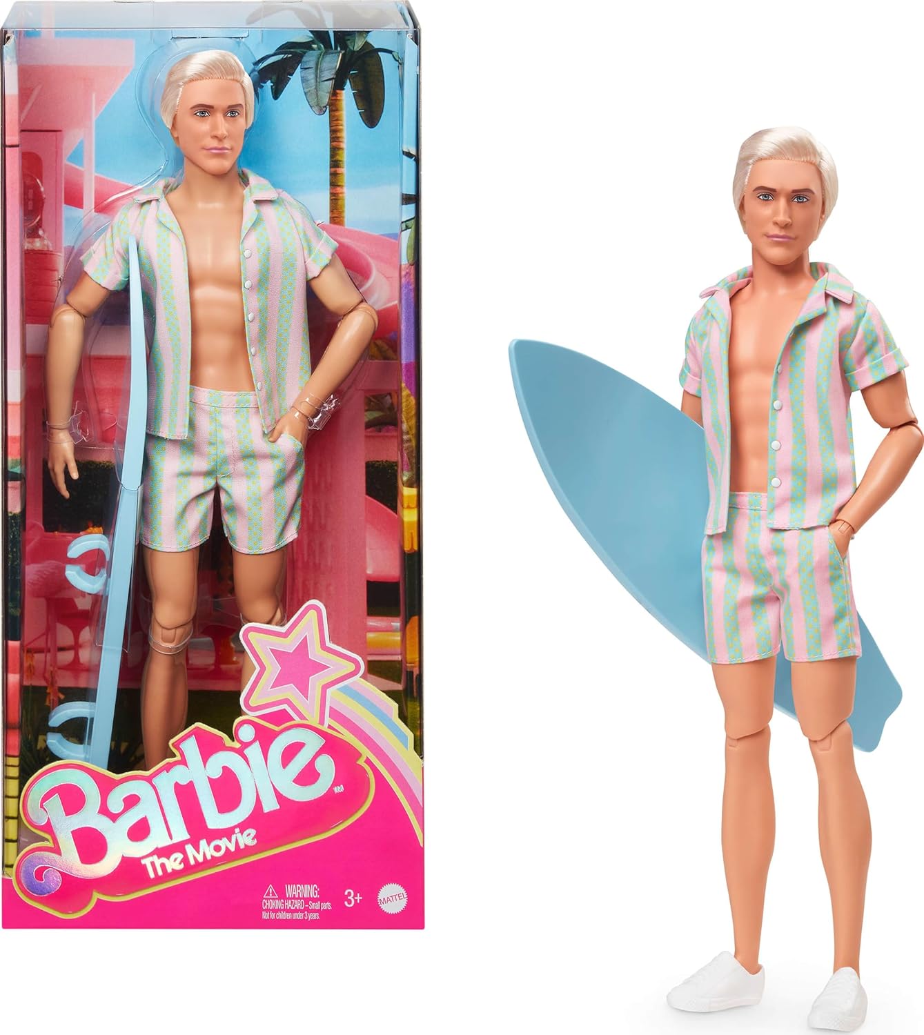 Poupée Barbie Le Film Ken dans un ensemble de plage rayé rose pastel et vert menthe