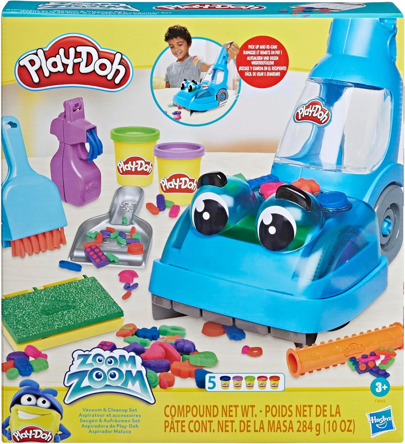 Play-Doh Zoom Zoom Staubsauger-Spielzeug für Kinder, Reinigungs- und Kunstset mit 6 Zubehörteilen und 5 Play-Doh-Farben ab 3 Jahren