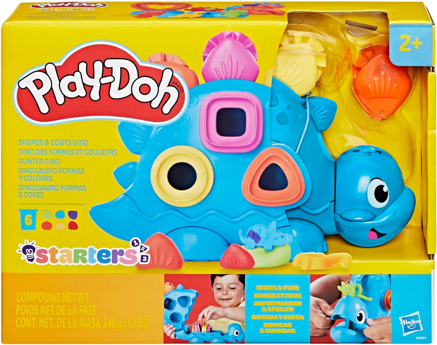 Play-Doh Formen und Farben Dino-Starter-Set, sensorisches Dinosaurier-Spielset für Kinder ab 2 Jahren, 11 Zubehörteile und 6 Farben