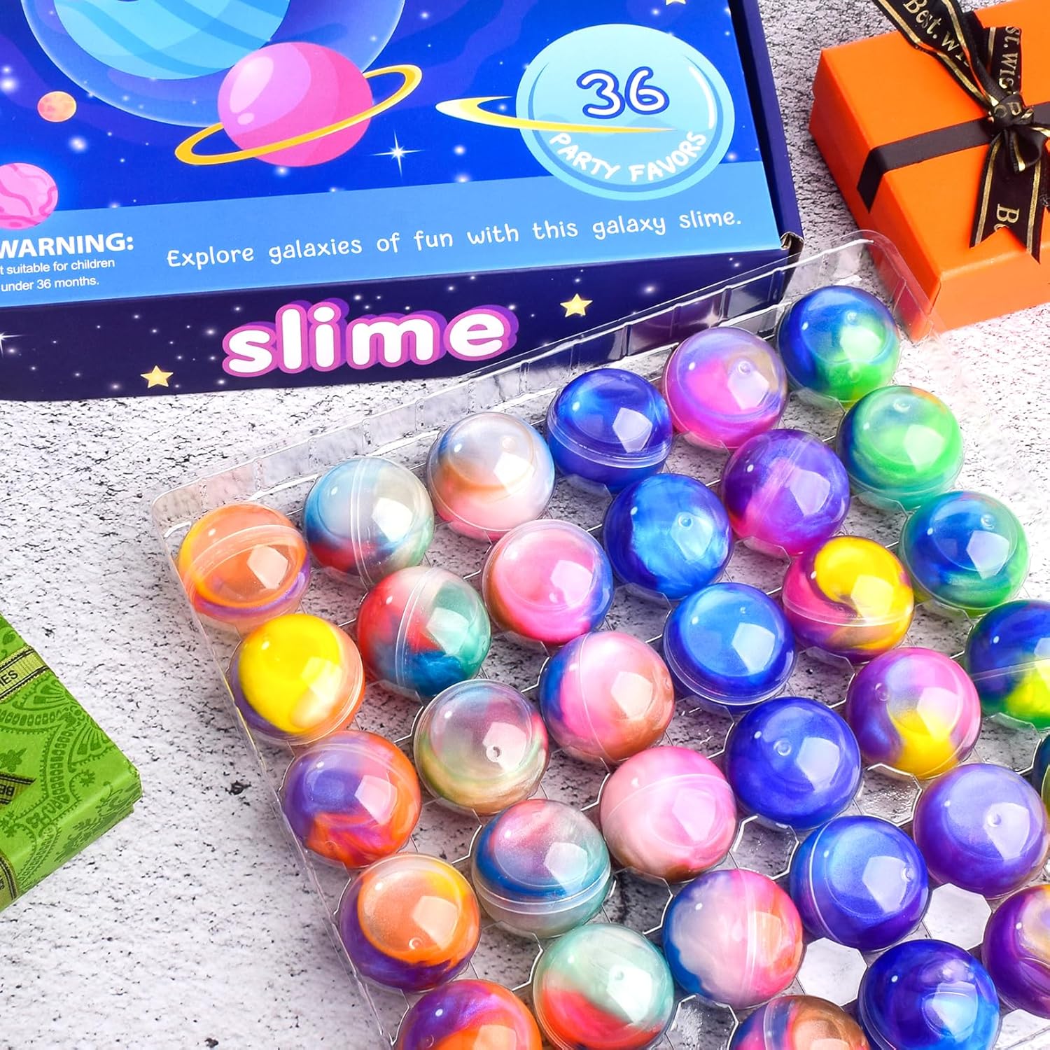 Galaxy Slime Ball Party Favors 36-Pack Bulk Slime Set Jouets sensoriels extensibles, non collants et sans dégâts pour les enfants, sûrs, non toxiques, amusants anti-stress pour les anniversaires et les salles de classe