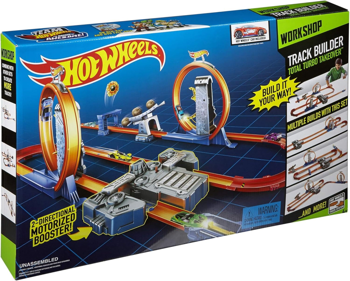Hot Wheels Track Builder Total Turbo Takeover Playset con booster motorizzato e auto