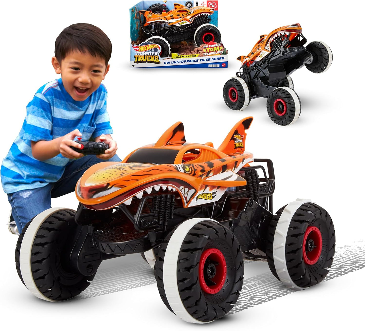 Hot Wheels Monster Trucks Unstoppable Tiger Shark RC avec technologie Terrain Stomp