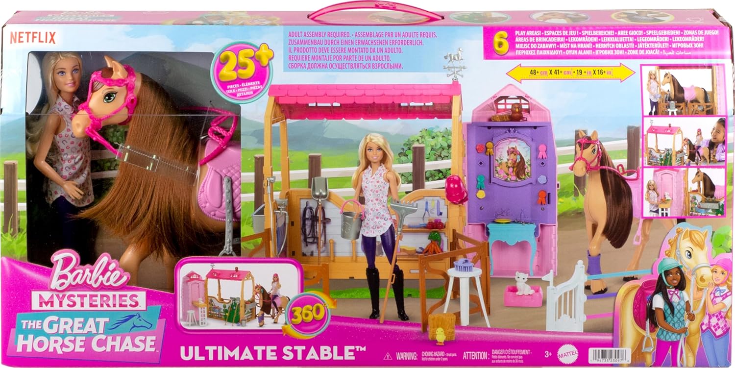 Barbie Stall-Spielset mit Puppe und Pferd, inspiriert von Barbie Mysteries The Great Horse Chase, ab 3 Jahren