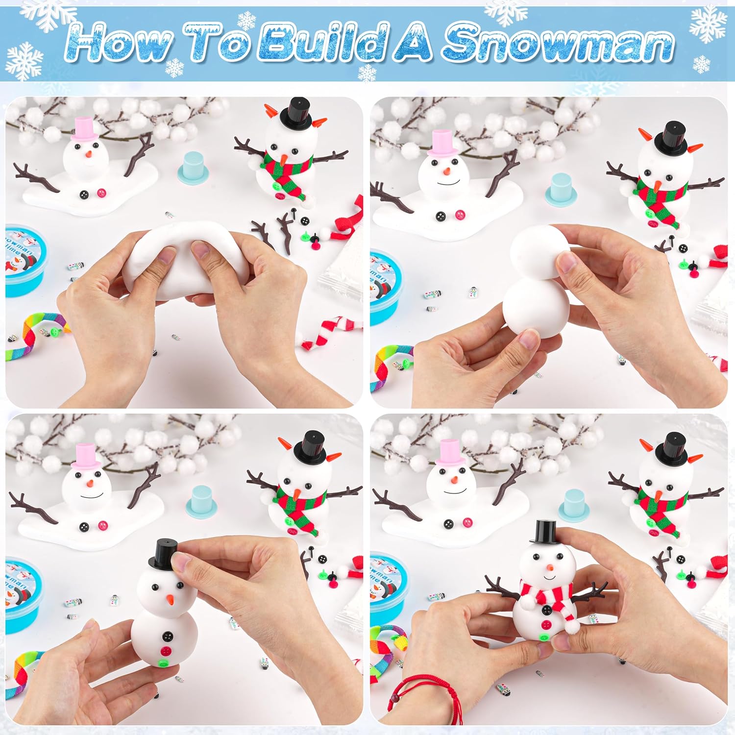Lot de 6 bonhommes de neige en slime et argile, kit de bricolage pour construire un bonhomme de neige, 6 slimes en cristal transparent et 40 accessoires, à partir de 4 ans