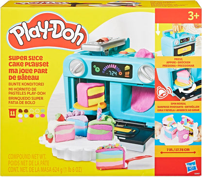 Play-Doh Super Slice Cake Spielset, Spielzeugofen, Küchenzubehör und 11 Modelliermasse-Dosen ab 3 Jahren