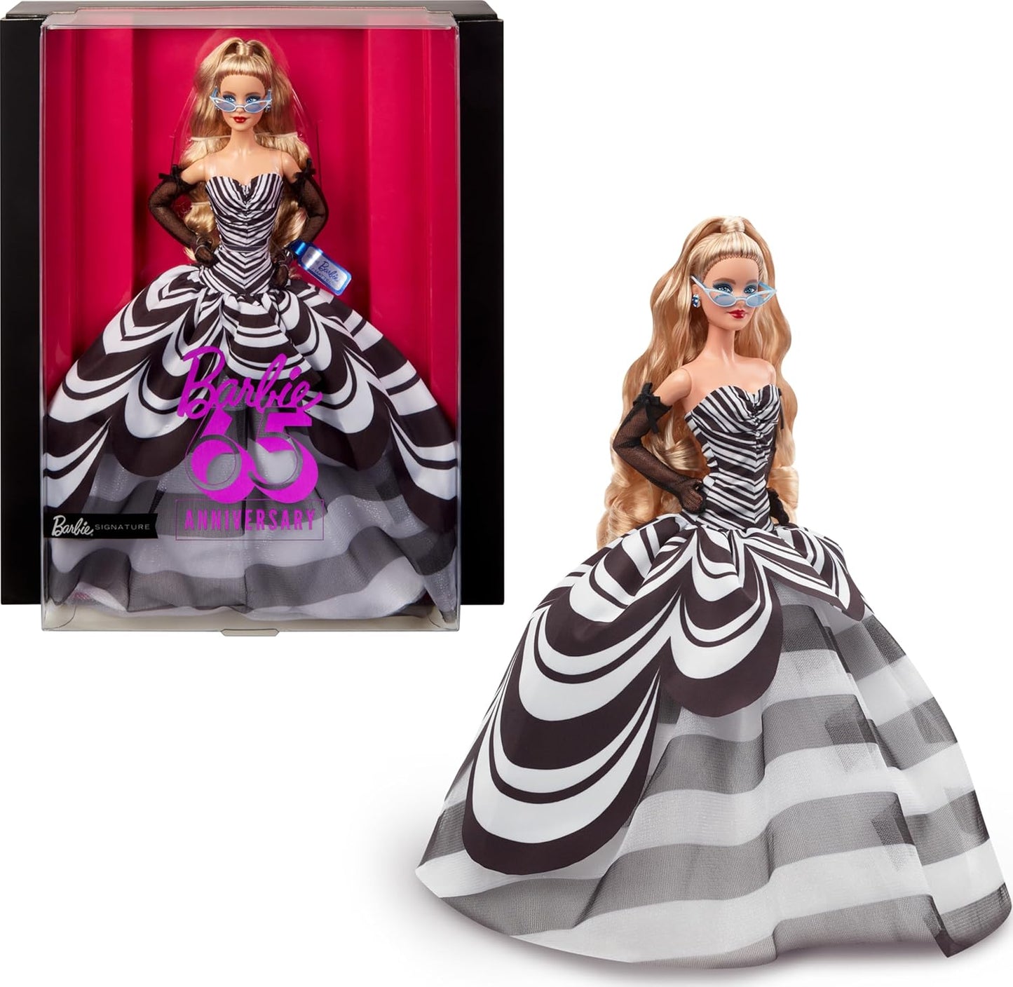 Barbie Signature-Puppe, Sammlerstück zum 65. Jubiläum mit blonden Haaren, schwarz-weißem Kleid