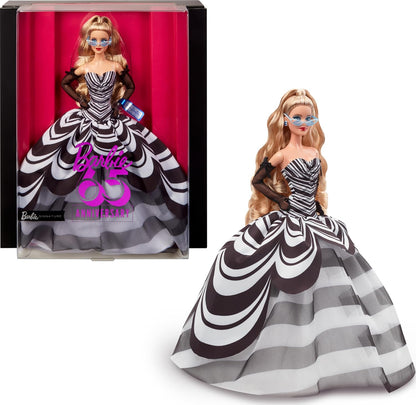 Barbie Signature-Puppe, Sammlerstück zum 65. Jubiläum mit blonden Haaren, schwarz-weißem Kleid