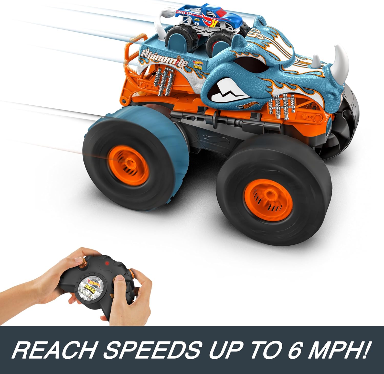 Hot Wheels Monster Trucks Véhicule RC Rhinomite convertible avec Race Ace