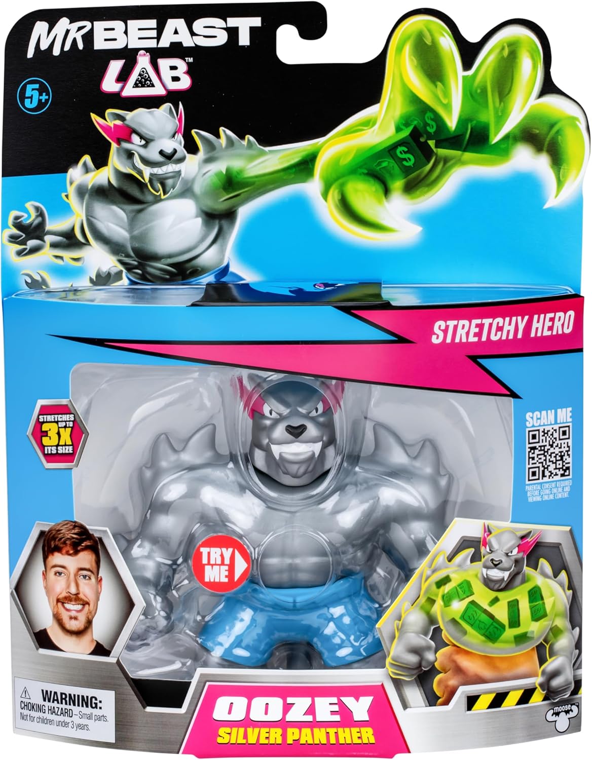 MrBeast Lab – Heroes of Goo Jit Zu Stretchy Heroes 4,5 (11 cm) Panther-Figuren, dehnbar bis zum Dreifachen ihrer Größe, Wave 2-Kollektion, ikonische, silberne und legendäre Panther