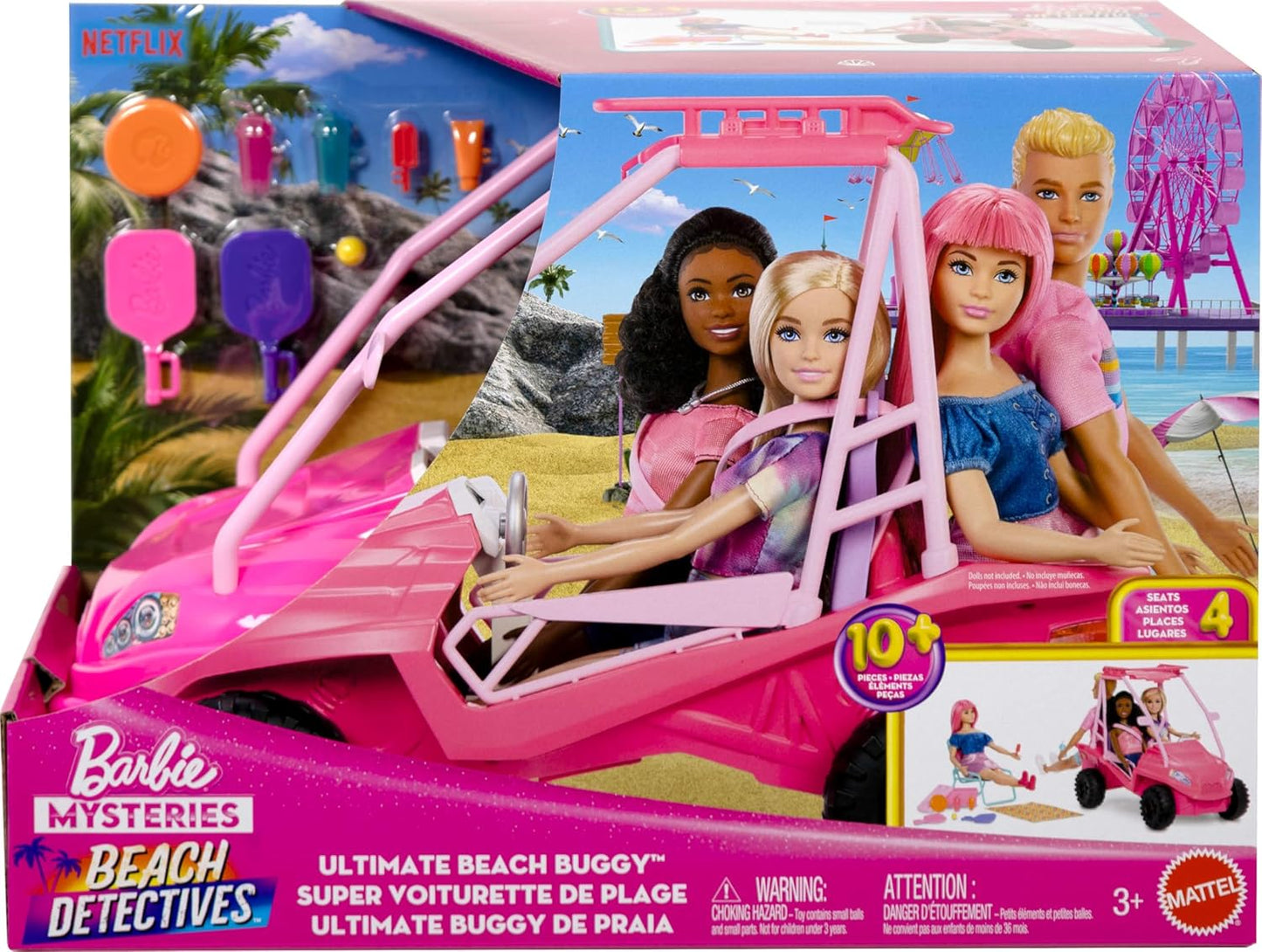 Barbie Mysteries Beach Detectives Coffret de jeu Buggy de plage et 10 accessoires et plus, à partir de 3 ans