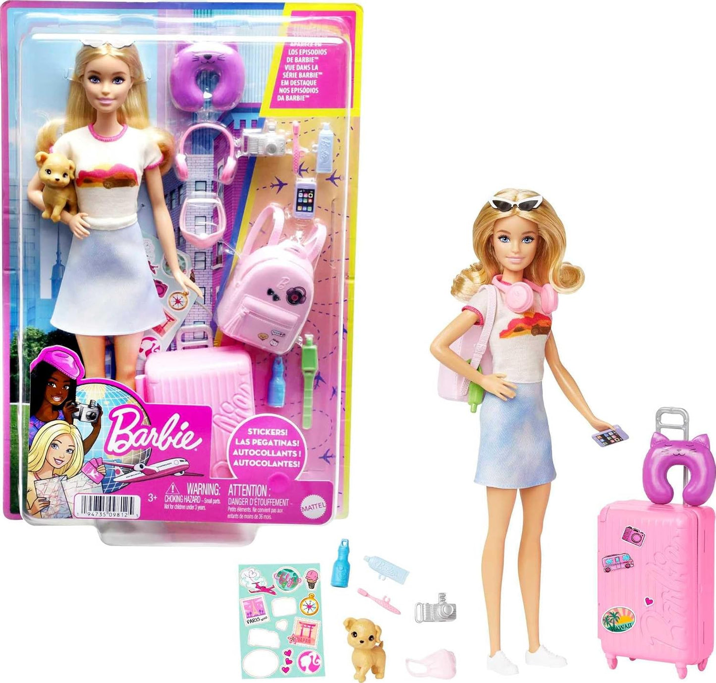 Poupée Barbie et accessoires, ensemble de voyage avec chiot et plus de 10 pièces