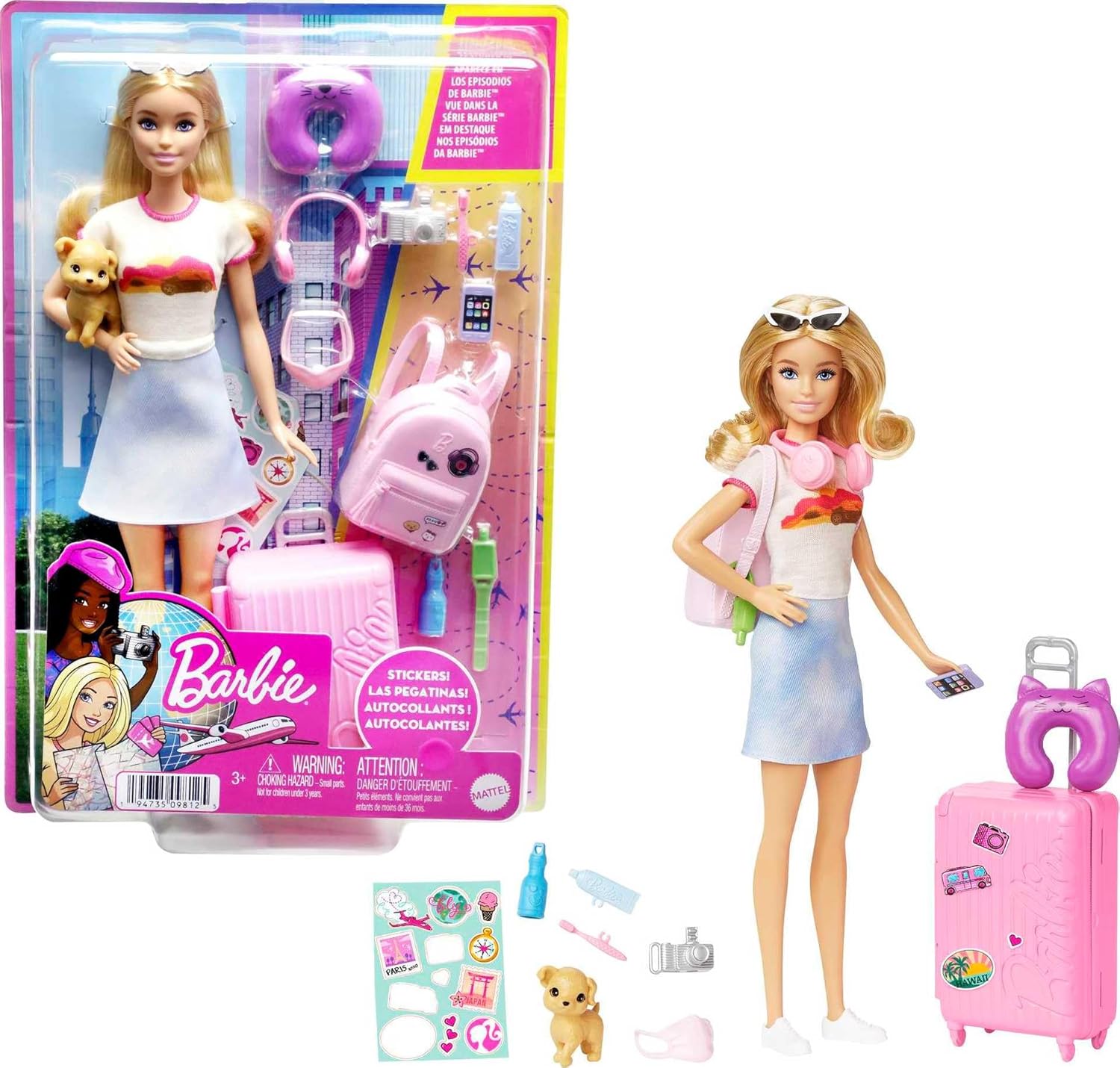 Poupée Barbie et accessoires, ensemble de voyage avec chiot et plus de 10 pièces