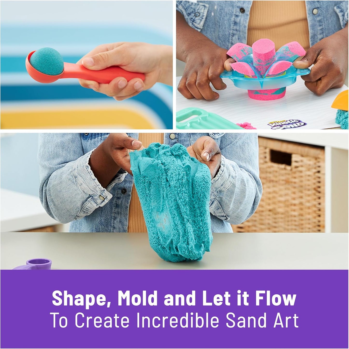 Kinetic Sand, ultimatives Sandisfying-Set mit 907 g Spielsand (Rosa, Gelb und Blaugrün), 10 Werkzeugen und Formen