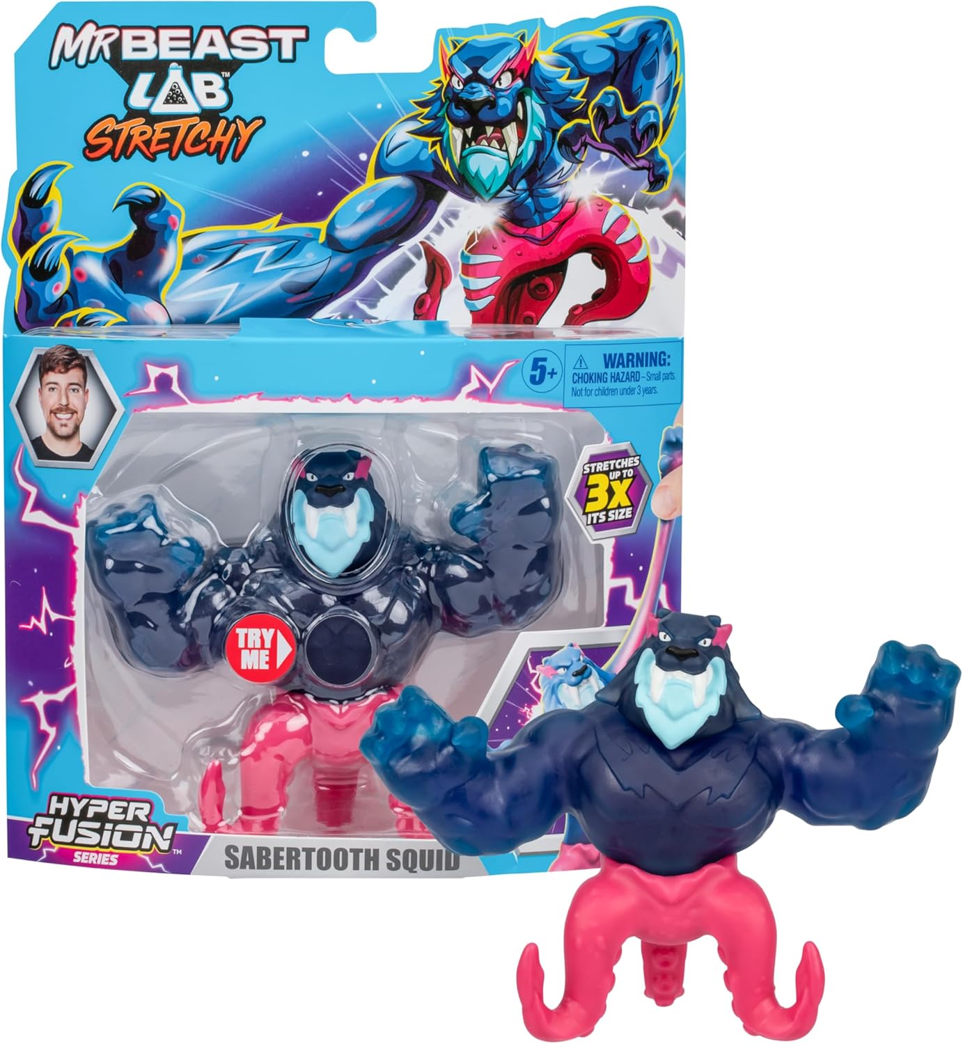 MrBeast Lab – Hyper Fusion Stretchy Hero Sabertooth Squid 5 (12,7 cm), mit Glibber gefüllte Actionfigur, dehnbar bis zum Dreifachen seiner Größe