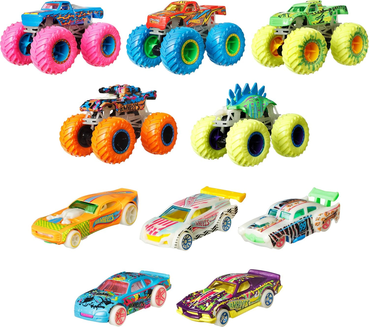 Veicoli Hot Wheels Monster Truck che si illuminano al buio, confezione da 10
