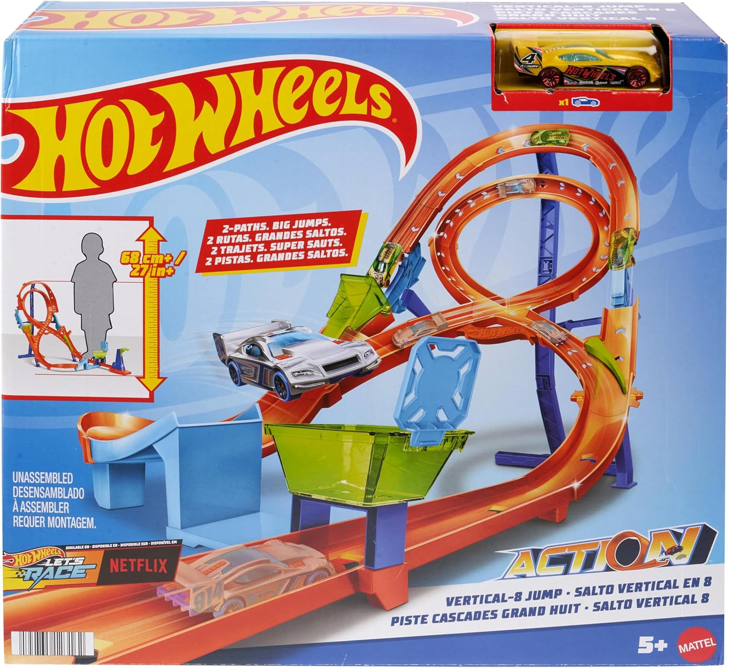 Set di piste d'azione per corse acrobatiche Hot Wheels Vertical-8 con auto
