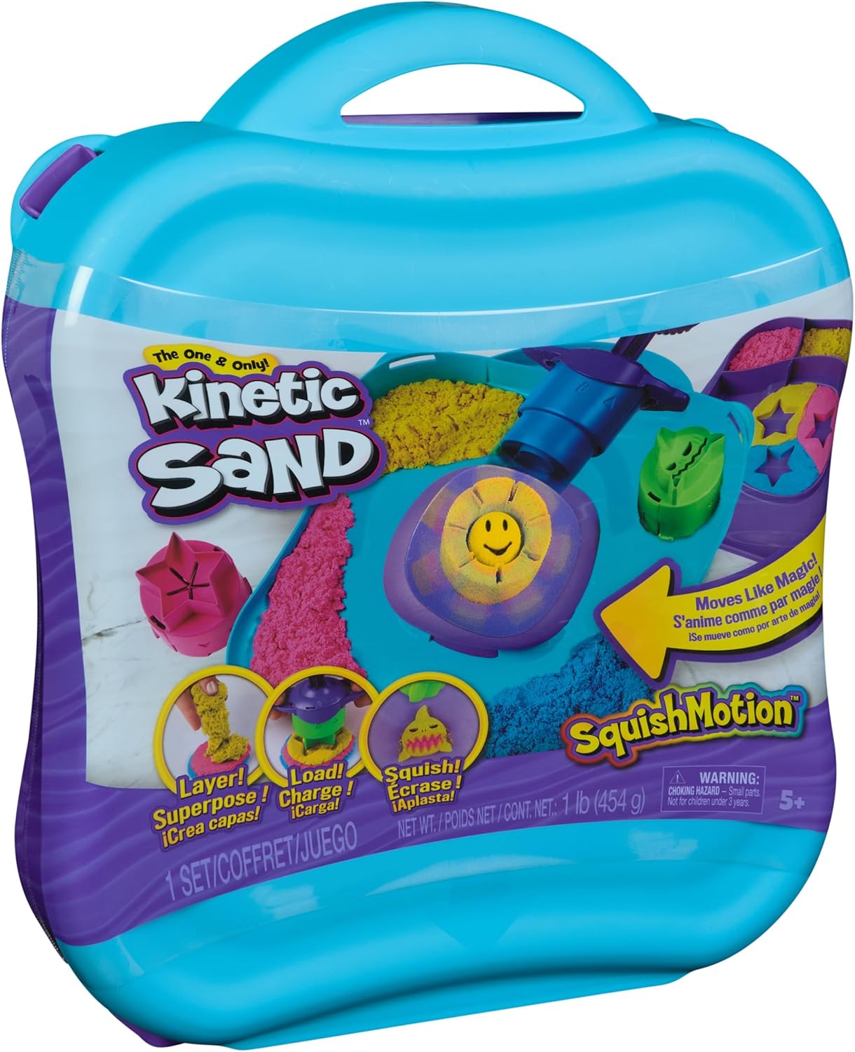 Kinetic Sand, SquishMotion con sabbia da gioco rosa, gialla e blu da 454 g, timbro e 5 strumenti, custodia