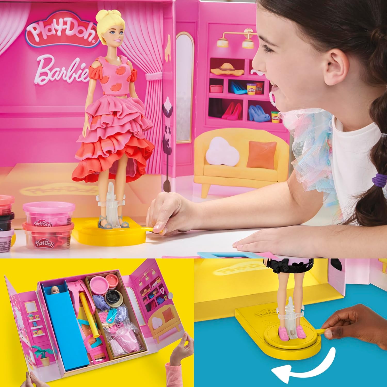 Play-Doh Barbie Designer-Modenschau-Set. Kreieren Sie Puppenkleidung mit 21 Modeaccessoires und 6 Play-Doh-Farben ab 5 Jahren