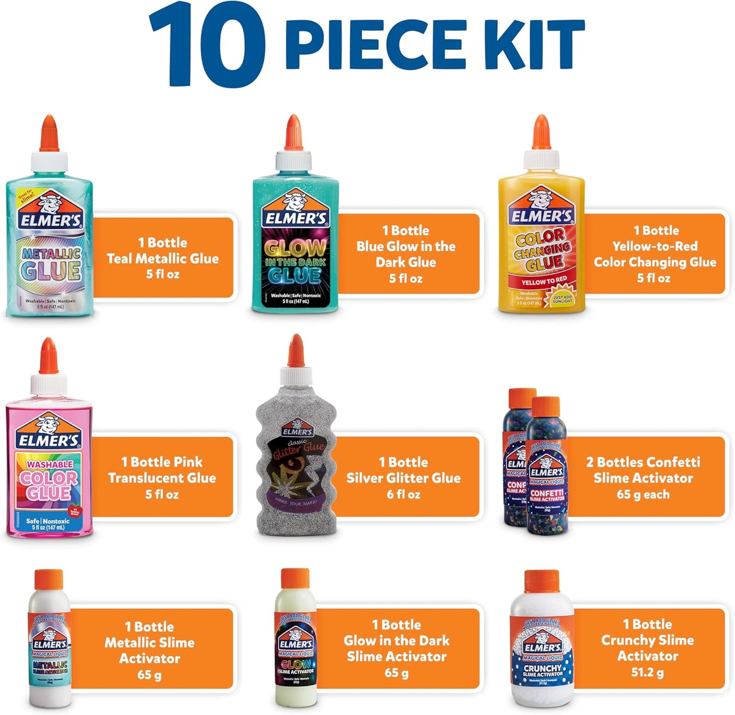 Elmer's Celebration Slime Kit 10-teiliges Komplettset mit metallischen, leuchtenden, glitzernden, farbwechselnden und knusprigen Effekten, sicher, waschbar, ungiftig, ab 6 Jahren