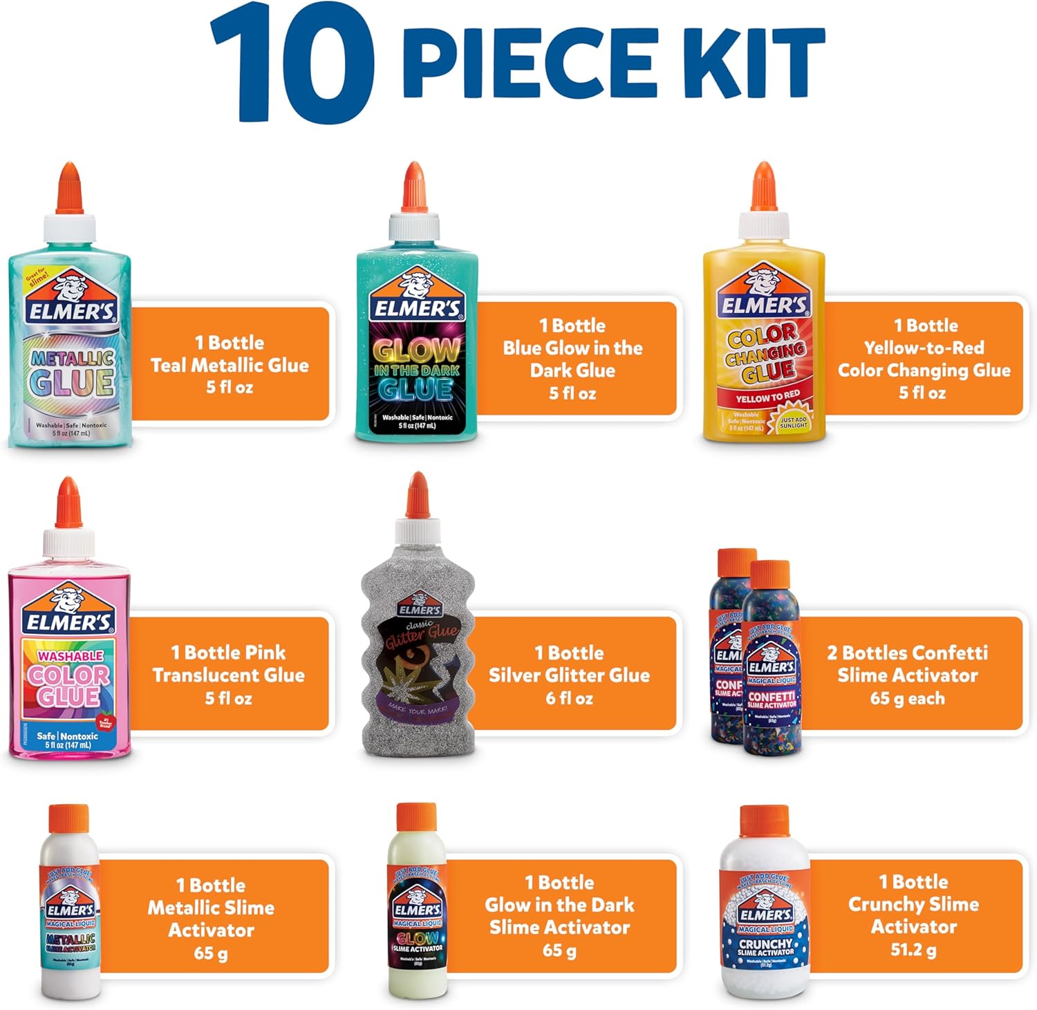 Elmer's Celebration Slime Kit 10-teiliges Komplettset mit metallischen, leuchtenden, glitzernden, farbwechselnden und knusprigen Effekten, sicher, waschbar, ungiftig, ab 6 Jahren