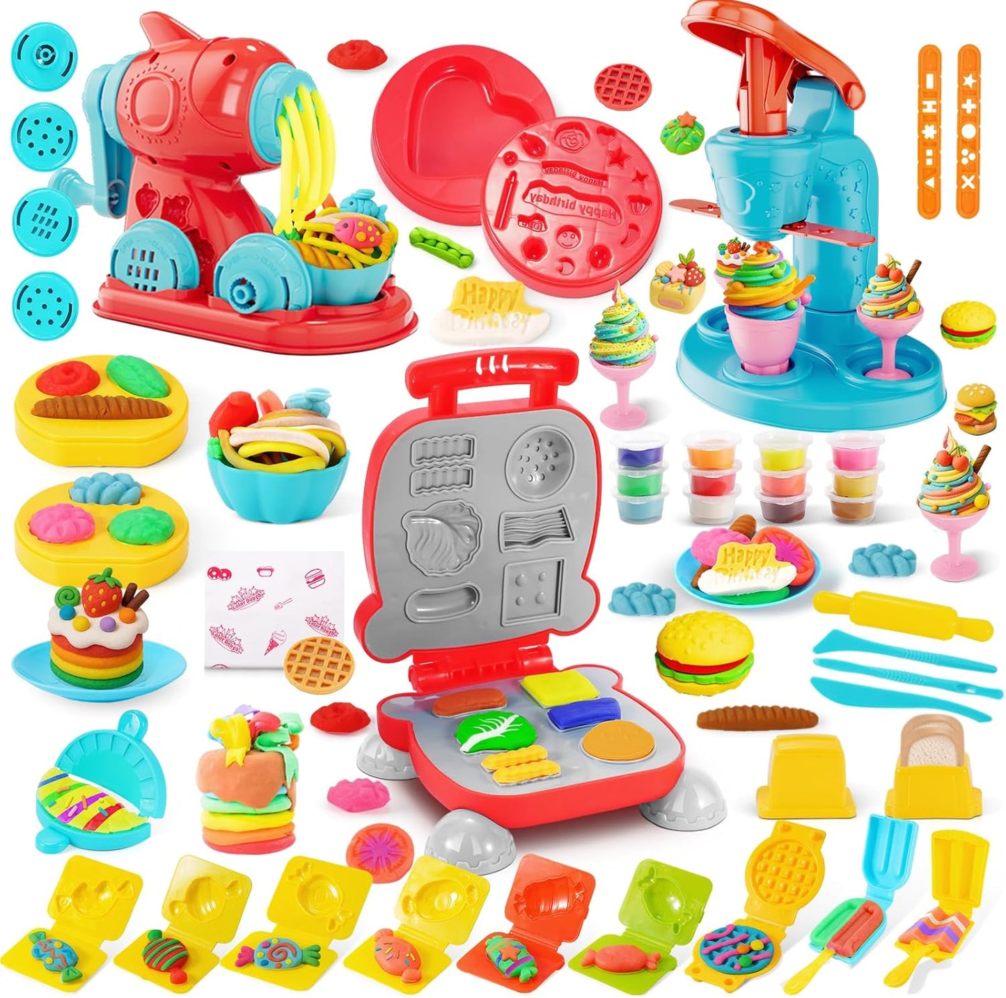 3-in-1-Farbspielknete-Set für Kinder, Eiscreme-, Hamburger- und Nudelmacher-Spielzeug, 12-Farben-Teig-Kunst- und Bastelset für Kinder im Alter von 3–12 Jahren