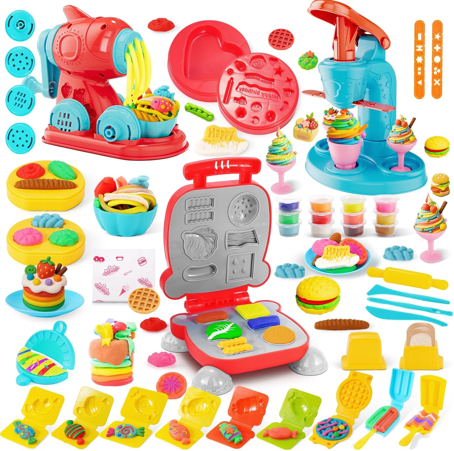 3-in-1-Farbspielknete-Set für Kinder, Eiscreme-, Hamburger- und Nudelmacher-Spielzeug, 12-Farben-Teig-Kunst- und Bastelset für Kinder im Alter von 3–12 Jahren