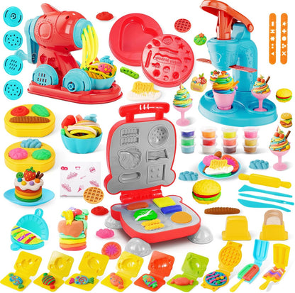 3-in-1-Farbspielknete-Set für Kinder, Eiscreme-, Hamburger- und Nudelmacher-Spielzeug, 12-Farben-Teig-Kunst- und Bastelset für Kinder im Alter von 3–12 Jahren