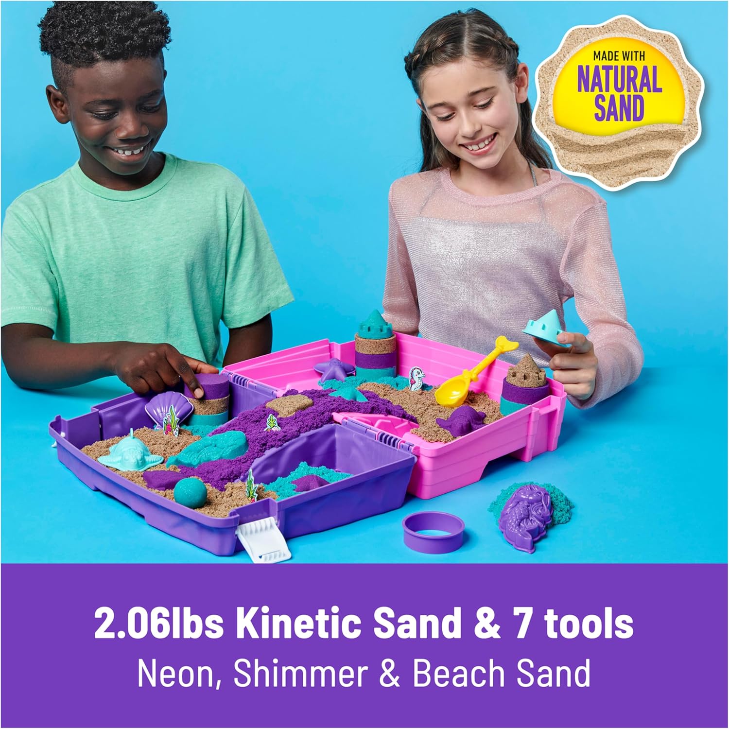 Kinetic Sand, Meerjungfrauenpalast-Spielset mit 934 g Spielsand (Neonviolett, schimmerndes Blaugrün und Strand), Werkzeug und faltbarem Sandkasten