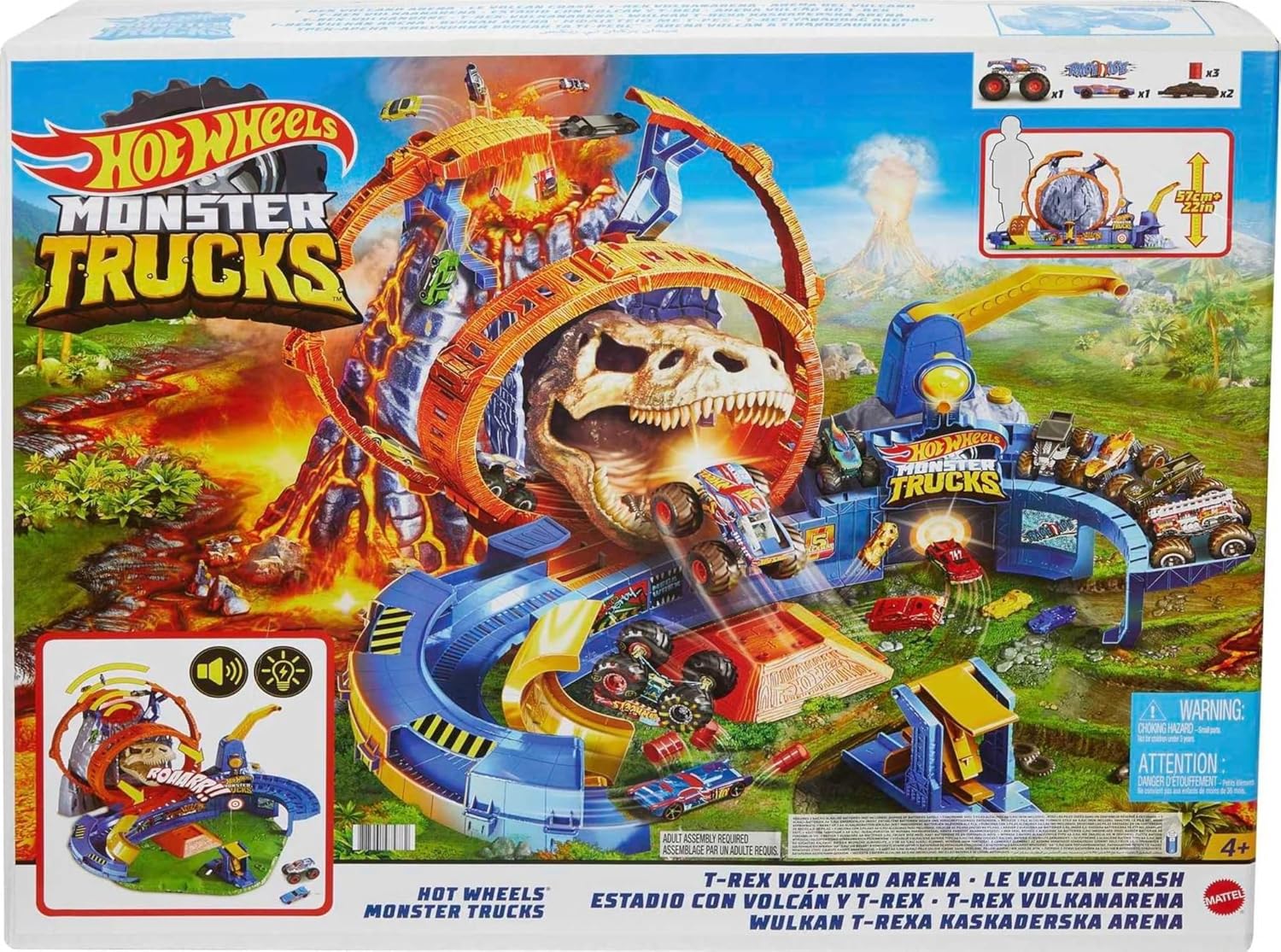 Hot Wheels Monster Trucks T-Rex Volcano Arena Coffret de jeu avec camion et voiture Race Ace