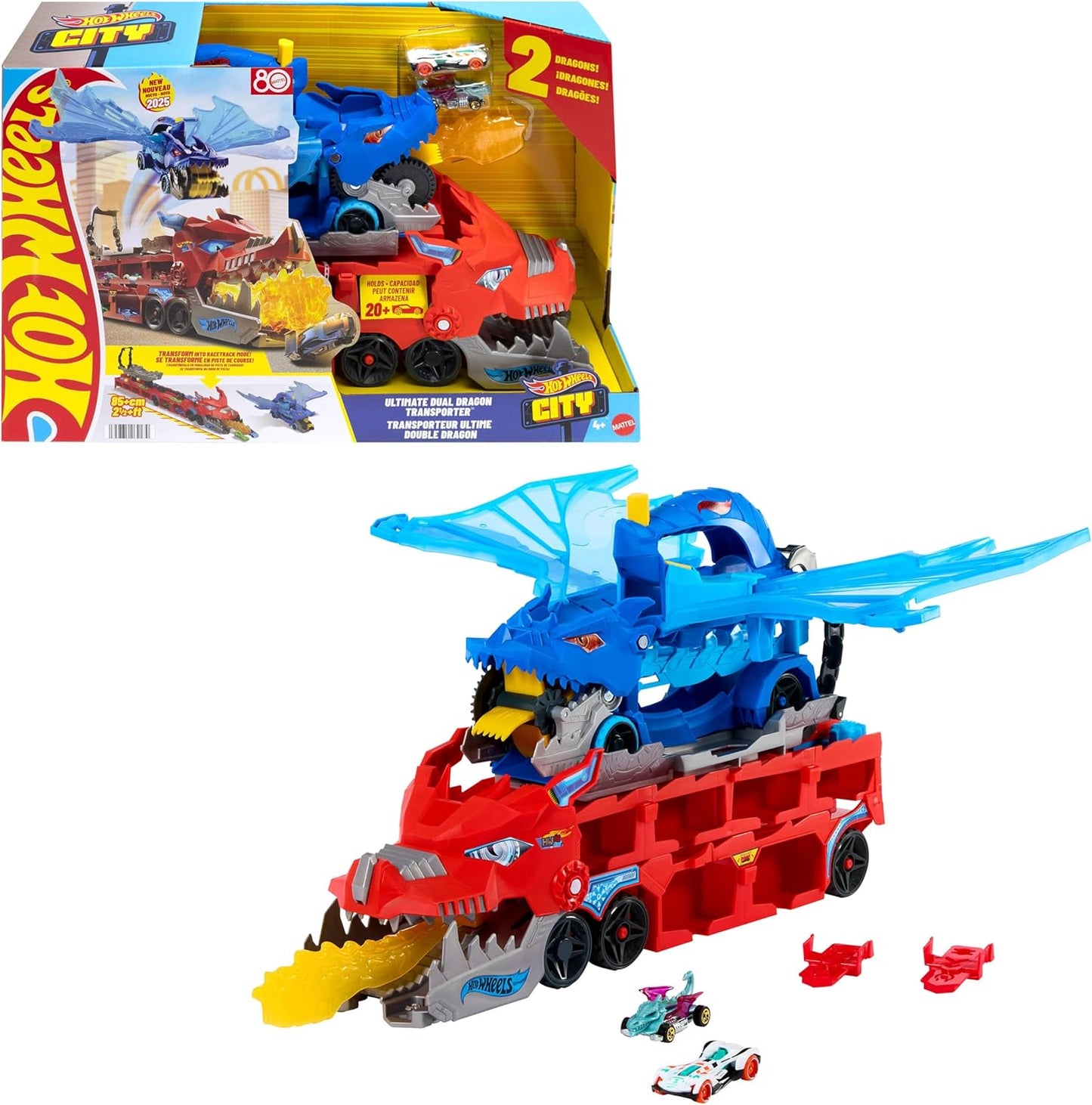 Hot Wheels City Ultimate Dragon Transporter 2-en-1 avec 2 voitures moulées sous pression