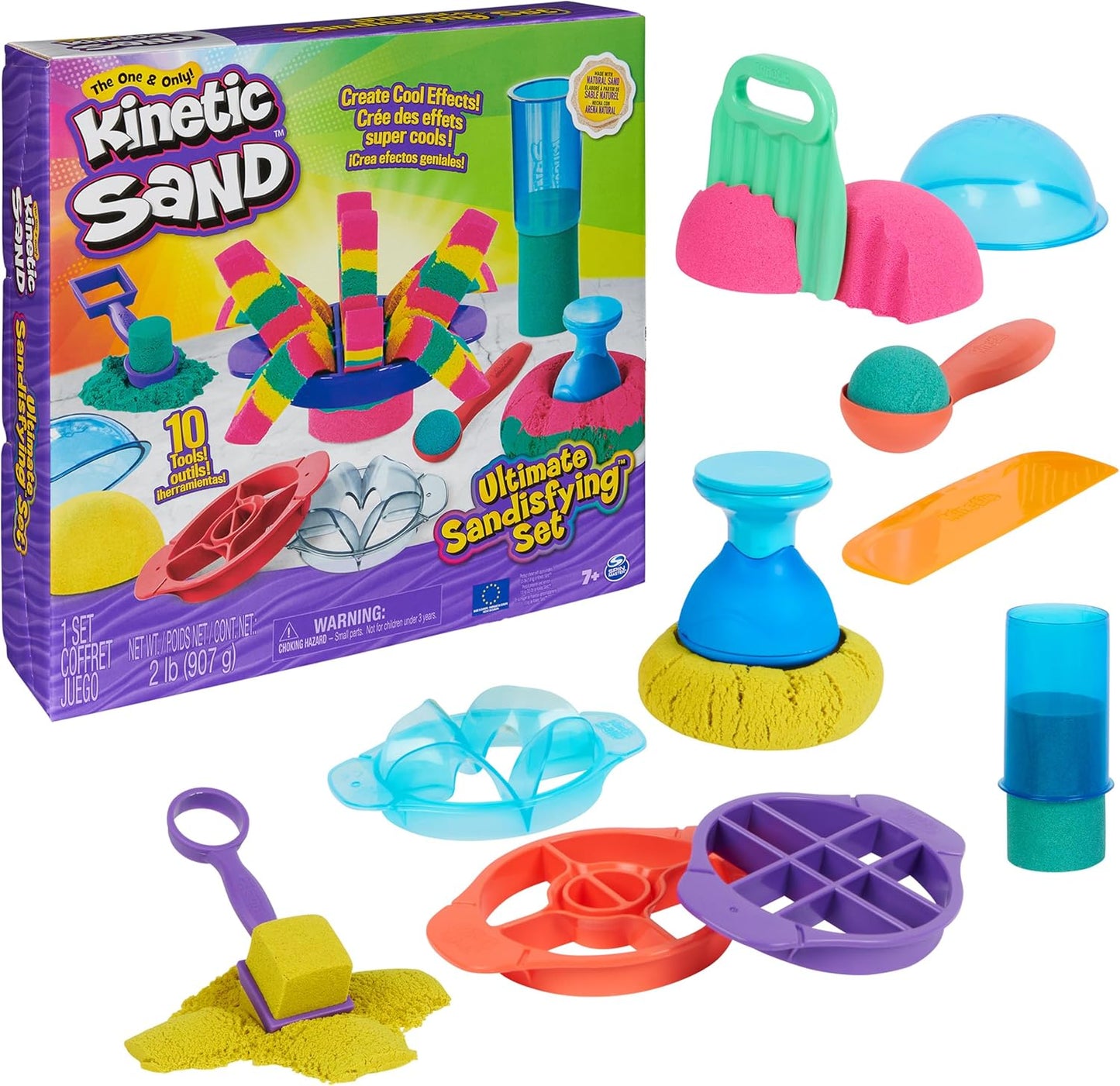 Kinetic Sand, ultimatives Sandisfying-Set mit 907 g Spielsand (Rosa, Gelb und Blaugrün), 10 Werkzeugen und Formen