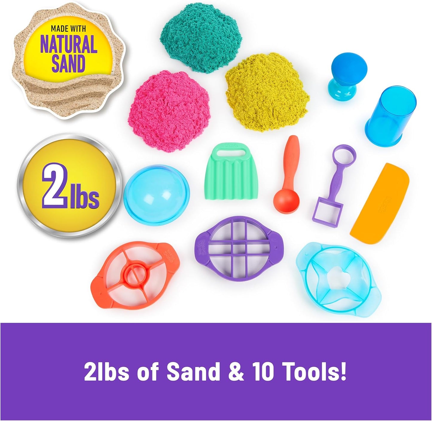 Kinetic Sand, ultimatives Sandisfying-Set mit 907 g Spielsand (Rosa, Gelb und Blaugrün), 10 Werkzeugen und Formen
