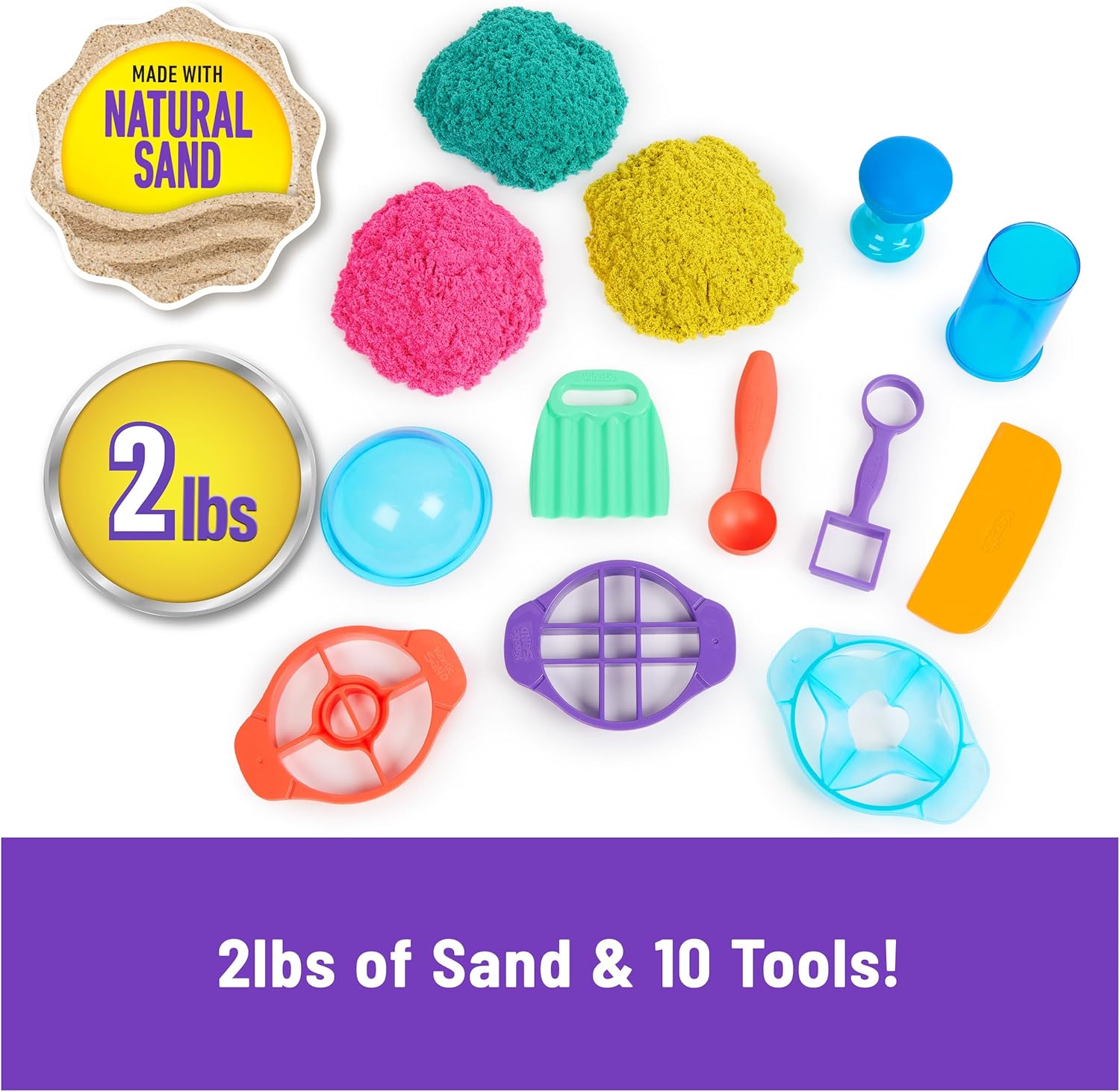 Kinetic Sand, ultimatives Sandisfying-Set mit 907 g Spielsand (Rosa, Gelb und Blaugrün), 10 Werkzeugen und Formen