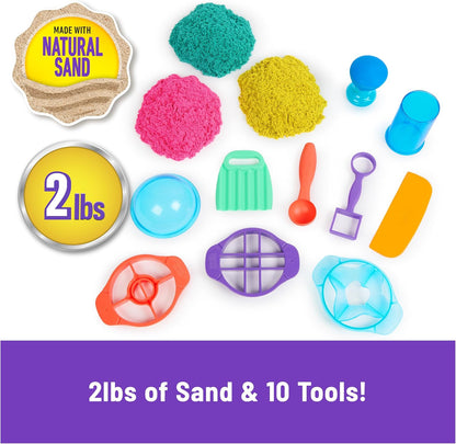 Kinetic Sand, ultimatives Sandisfying-Set mit 907 g Spielsand (Rosa, Gelb und Blaugrün), 10 Werkzeugen und Formen