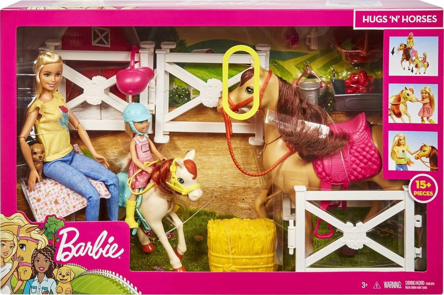 Barbie Hugs 'n Horses Spielset mit Barbie- und Chelsea-Puppen, 2 Pferden mit Wackelköpfen und mehr als 15 Zubehörteilen ab 3 Jahren