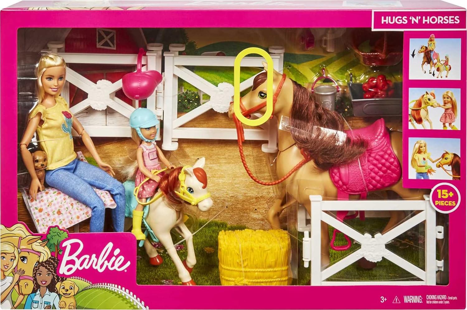 Barbie Hugs 'n Horses Spielset mit Barbie- und Chelsea-Puppen, 2 Pferden mit Wackelköpfen und mehr als 15 Zubehörteilen ab 3 Jahren