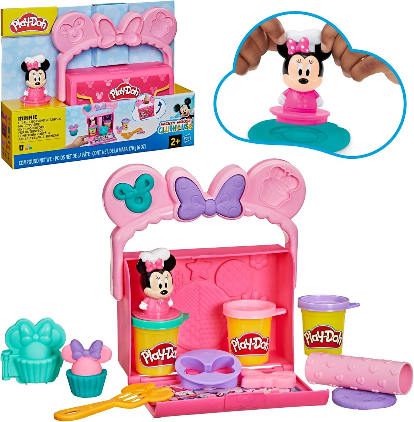Play-Doh Disney Junior Mickey Mouse Clubhouse On-The-Go-Bäckerei-Spielset, Minnie Mouse-Spiel-Essensset für Kinder ab 2 Jahren