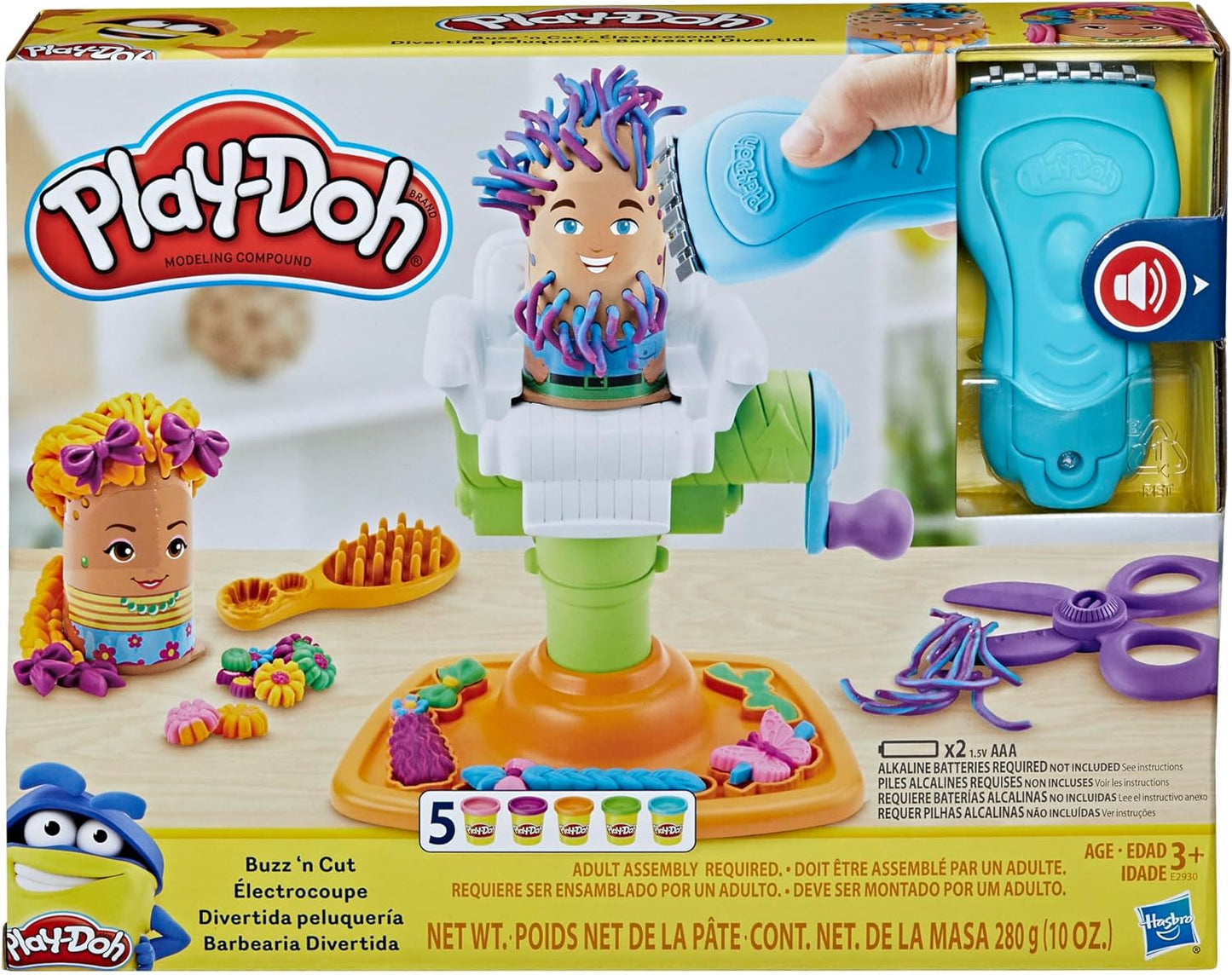 Play-Doh Buzz ’n Cut Fuzzy Pumper Barber Shop-Set, elektrischer Summer und 5 Farben, ab 3 Jahren