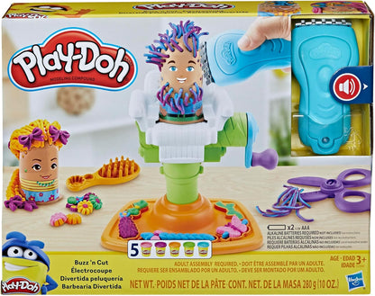 Play-Doh Buzz ’n Cut Fuzzy Pumper Barber Shop-Set, elektrischer Summer und 5 Farben, ab 3 Jahren